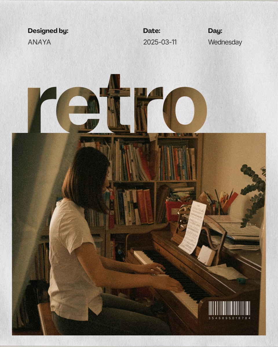 Retro-themed editorial spread featuring a piano practice session