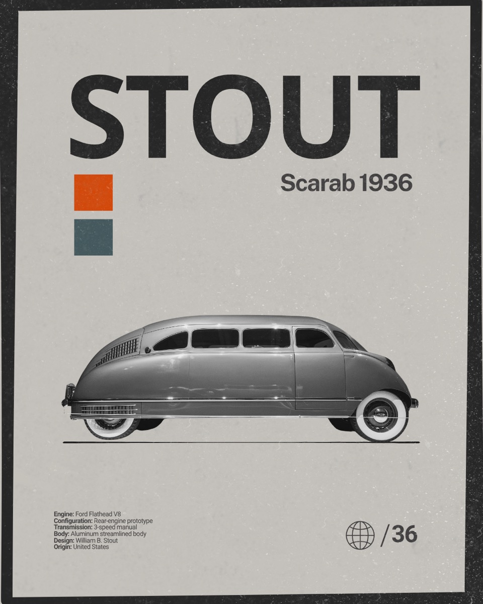 "Stout Scarab 1936" retro automotive poster layout