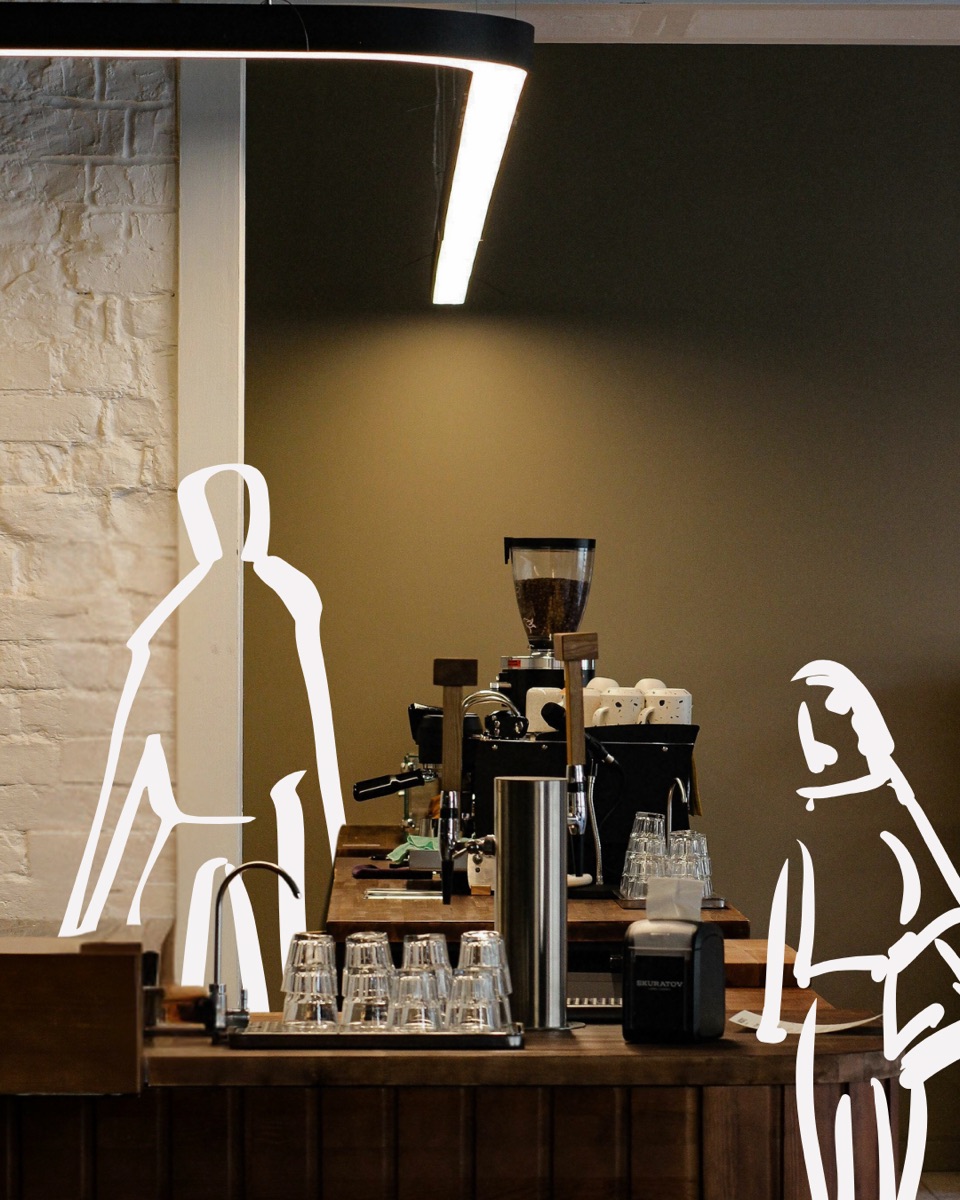 Coffee bar counter with hand-drawn line-art figures overlaid on the photo